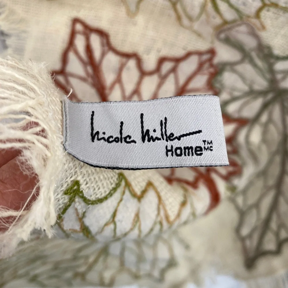 Nicole Miller Home Table Runner Fall 16x54 Cream Jute Beaded Embroidered Leaves